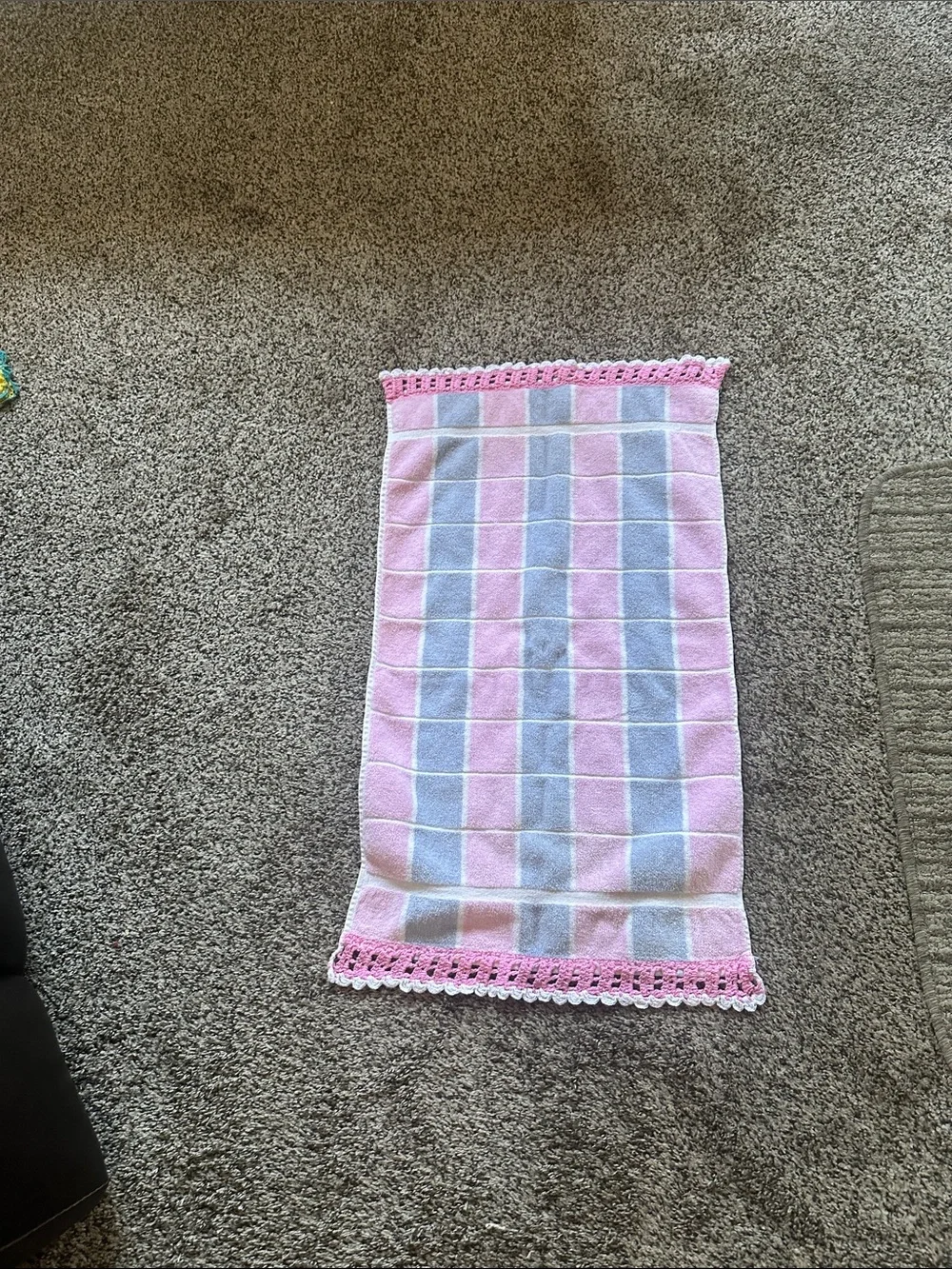 Pink and Gray Check Crochet-Trim Hand Towel